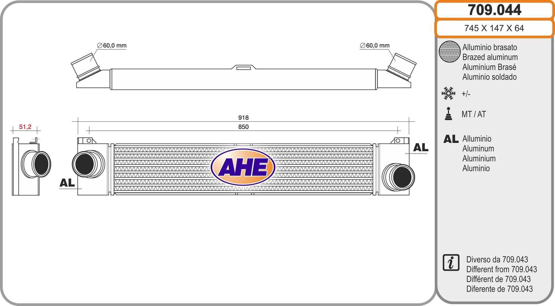 AHE Vahejahuti 709.044 Intercooler AHE Peugeot PARTNER 709.044