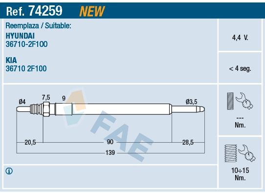 FAE Bougie de préchauffage 74259 Subaru Brat / MV Bougie diesel FAE 74259