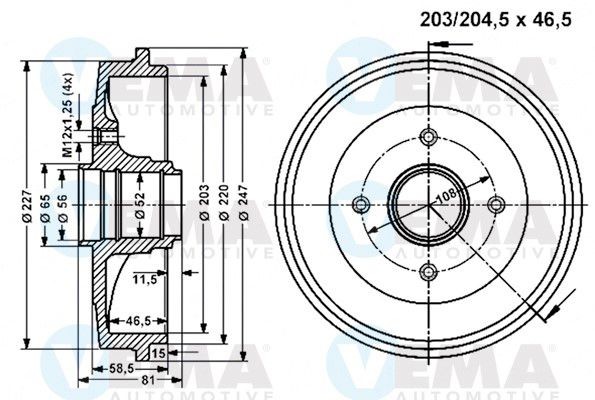VEMA Bremsetromle 801336 VEMA Bremsetromler CITROËN 801336