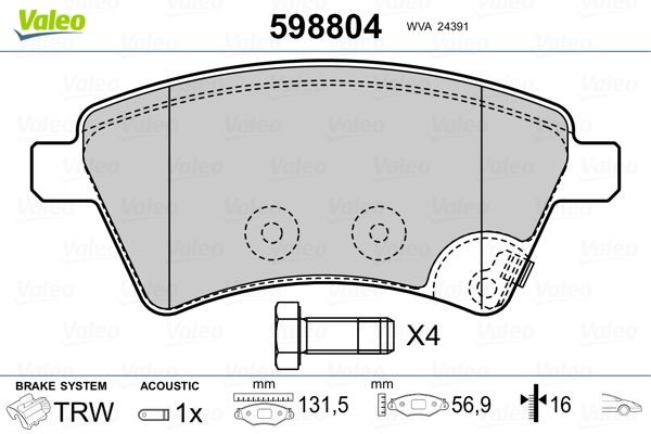 VALEO Kit pastiglie freni 598804 598804 costo Pastiglie dei freni SUZUKI GRAND VITARA VALEO