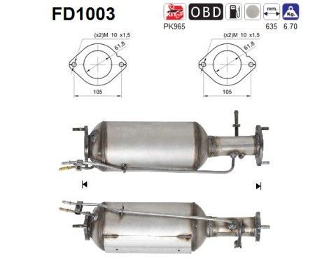 Φίλτρο μικροσωματιδίων AS FD1003 AS FD1003 Φίλτρο DPF VOLVO V50 2007