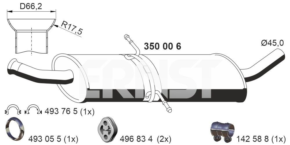 ERNST Uitlaat middendemper 350006 350006 Middendemper MERCEDES-BENZ 124-serie ERNST
