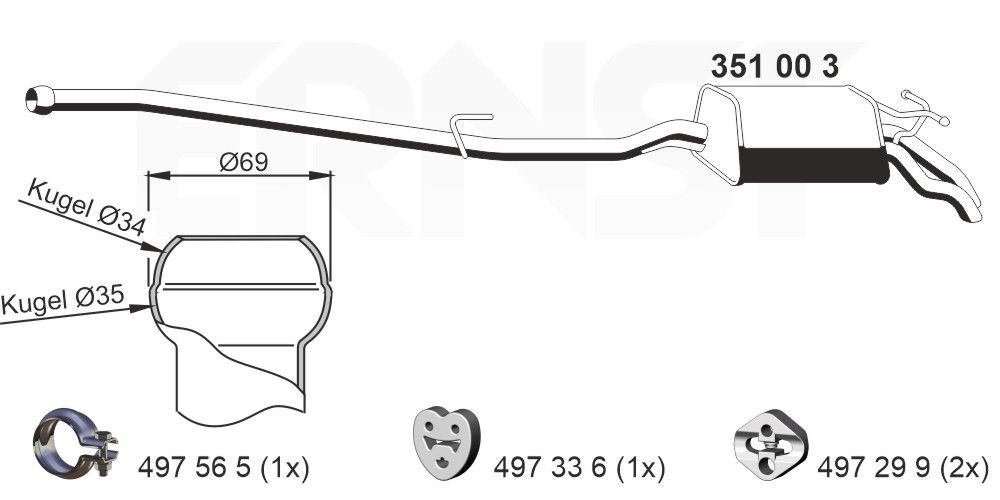 ERNST Einddemper 351003 Mercedes-Benz SLK Achterdemper ERNST 351003