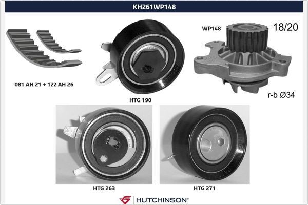 HUTCHINSON Distributieriem set + waterpomp KH 261WP148 Distributieriem met waterpomp HUTCHINSON TOURAN KH 261WP148 goedkoop