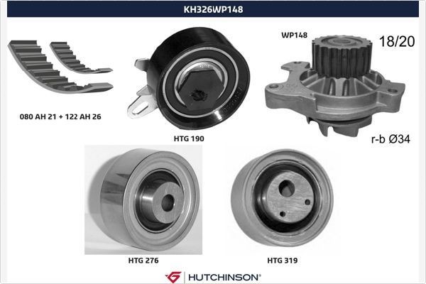 HUTCHINSON Kit de distribution + pompe à eau KH 326WP148 KH 326WP148 Kit de courroie de distribution + pompe à eau AUDI A4 HUTCHINSON