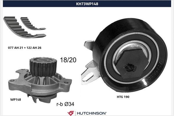 HUTCHINSON Σετ ιμάντα χρονισμού με αντλία νερού KH 73WP148 KH 73WP148 Σετ χρονισμού TOYOTA AURIS HUTCHINSON