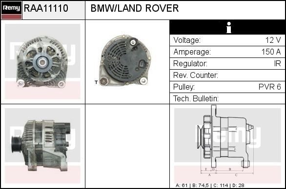 DELCO REMY Generator RAA11110 RAA11110 DELCO REMY växelströmsgenerator BMW X5