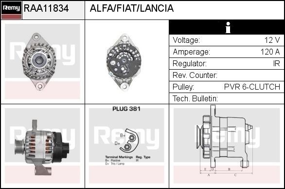 DELCO REMY Alternateur RAA11834 Alfa Romeo 155 Alternateur DELCO REMY RAA11834