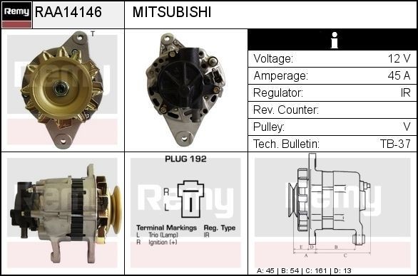 DELCO REMY Alternátor RAA14146 Alternátor DELCO REMY Mitsubishi GRANDIS RAA14146
