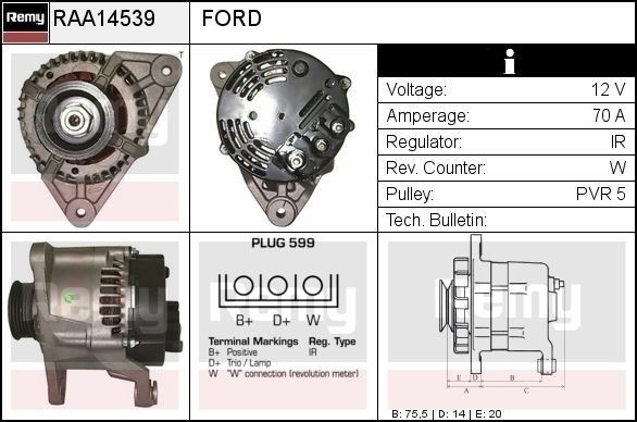 Generator DELCO REMY RAA14539 DELCO REMY RAA14539 Dynastart Ford COURIER 2002