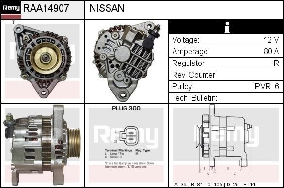 DELCO REMY Dynamo / Alternator RAA14907 Nissan MAXIMA Wisselstroomdynamo DELCO REMY RAA14907