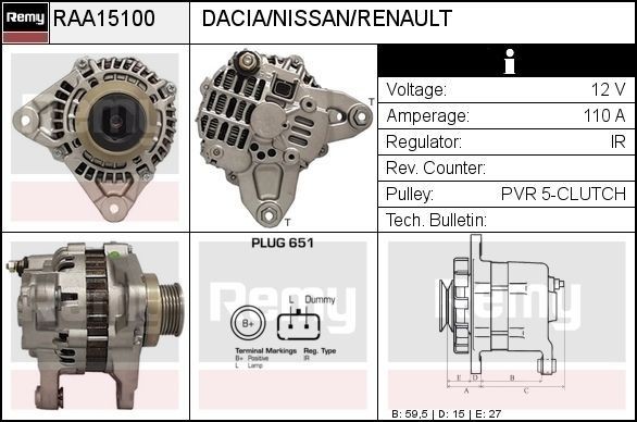 DELCO REMY Alternátor RAA15100 Alternátor DACIA DELCO REMY RAA15100