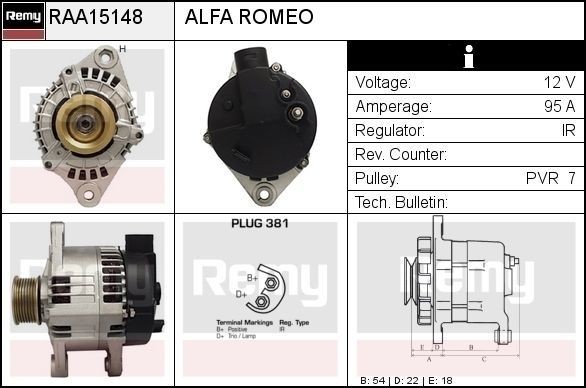 DELCO REMY Δυναμό RAA15148 Δυναμό DELCO REMY Lancia THESIS RAA15148