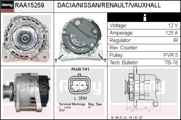DELCO REMY Alternátor RAA15259 Alternátor DELCO REMY DACIA RAA15259