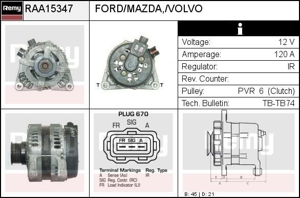 DELCO REMY Generator RAA15347 RAA15347 DELCO REMY dynamo MAZDA 6