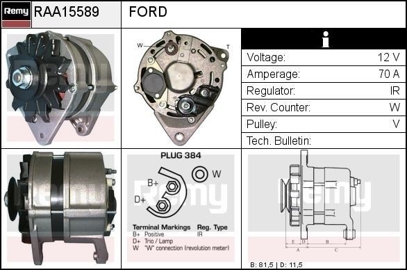 DELCO REMY Δυναμό RAA15589 Γεννήτρια DELCO REMY Ford ECOSPORT RAA15589