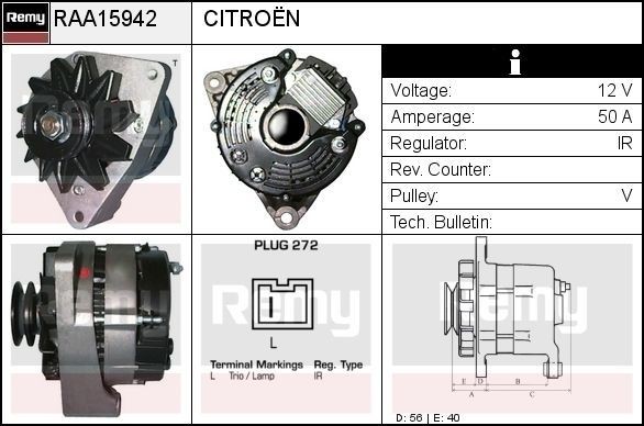 DELCO REMY Generaator RAA15942 Generaator DELCO REMY Peugeot BIPPER RAA15942