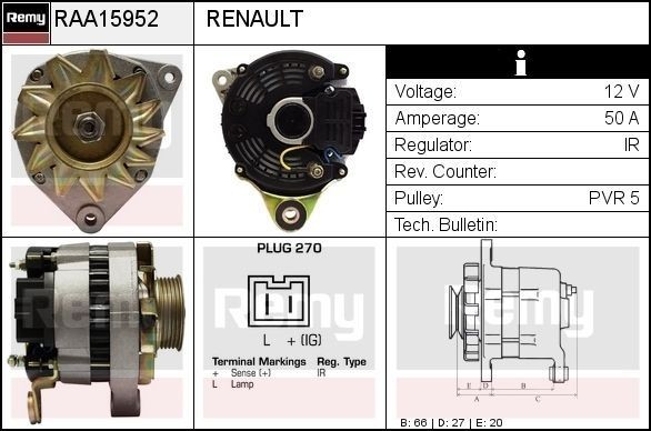 DELCO REMY Ģenerators RAA15952 RAA15952 Ģenerators DELCO REMY RENAULT KOLEOS