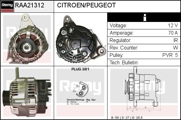 DELCO REMY Δυναμό RAA21312 Δυναμό αυτοκινήτου DELCO REMY Peugeot 107 RAA21312