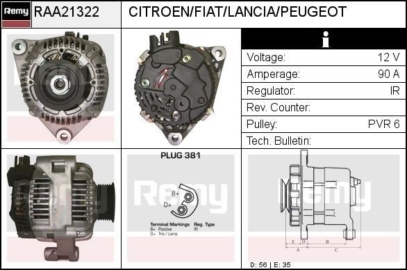 DELCO REMY Alternator RAA21322 RAA21322 DELCO REMY alternator for CITROЁN BX