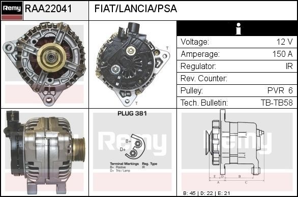 DELCO REMY Alternator RAA22041 RAA22041 DELCO REMY alternator for PEUGEOT 406