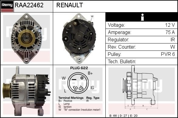 DELCO REMY Dynamo / Alternator RAA22462 Renault 19 Wisselstroomdynamo DELCO REMY RAA22462