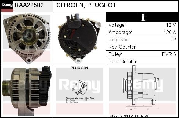 DELCO REMY Alternator RAA22582 RAA22582 DELCO REMY alternator for CITROЁN BX