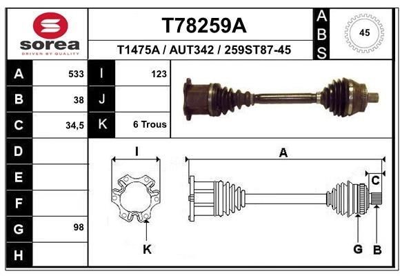 EAI Aandrijfas T78259A EAI T78259A Steekas Audi Allroad 4BH prijs