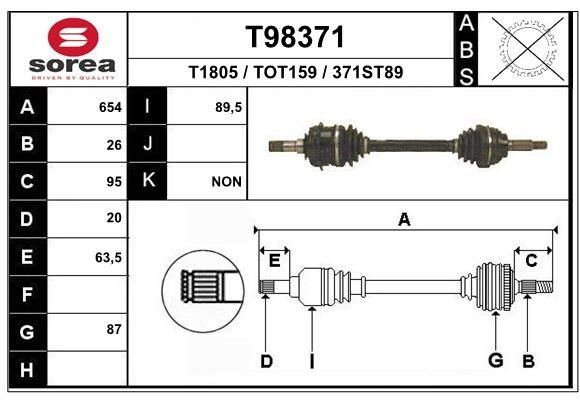 Arbre de transmission EAI T98371 EAI T98371: Cardan Toyota CELICA 1999
