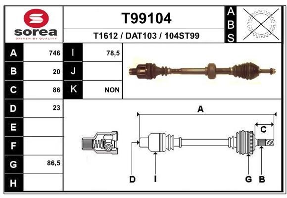 Aandrijfas EAI T99104 EAI T99104: Aandrijfstang Dacia SOLENZA 2014