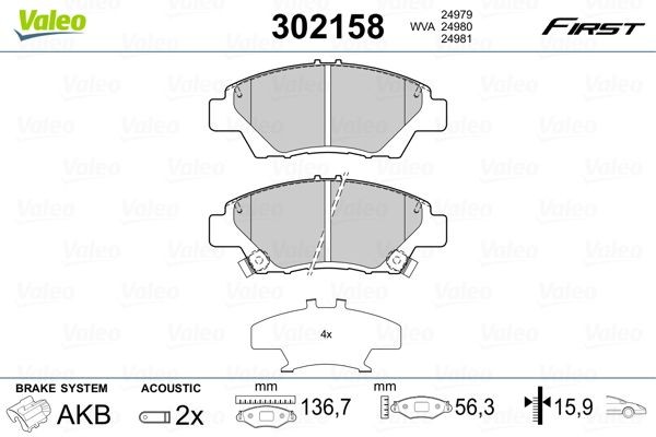 VALEO Kit pastiglie freni 302158 VALEO 302158 Kit pastiglie freni HONDA Jazz Hatchback (GK) 1.5 128 CV 2018