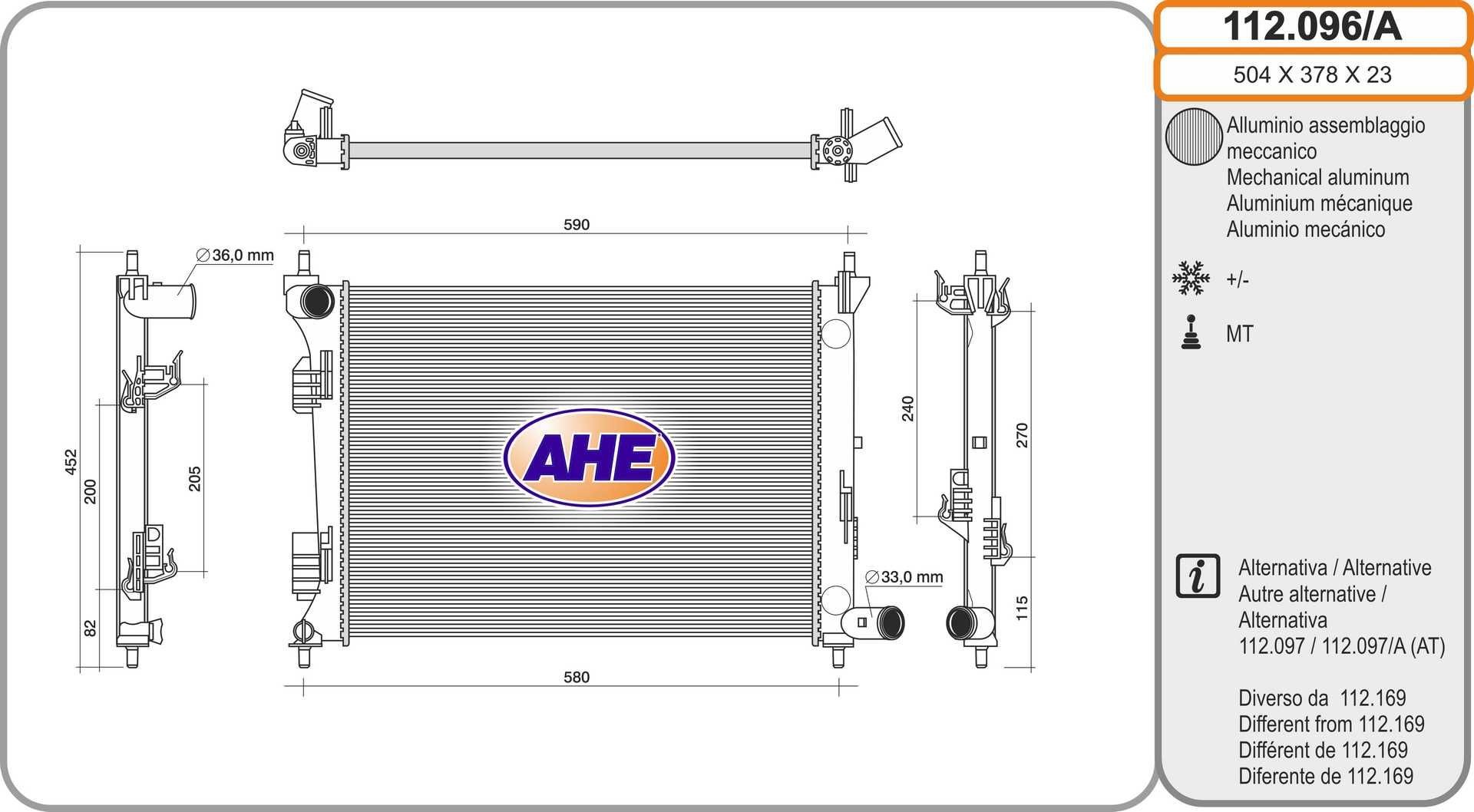 AHE Jäähdytin, moottorin jäähdytys 112.096/A 112.096/A AHE Moottorin jäähdytin KIA VENGA