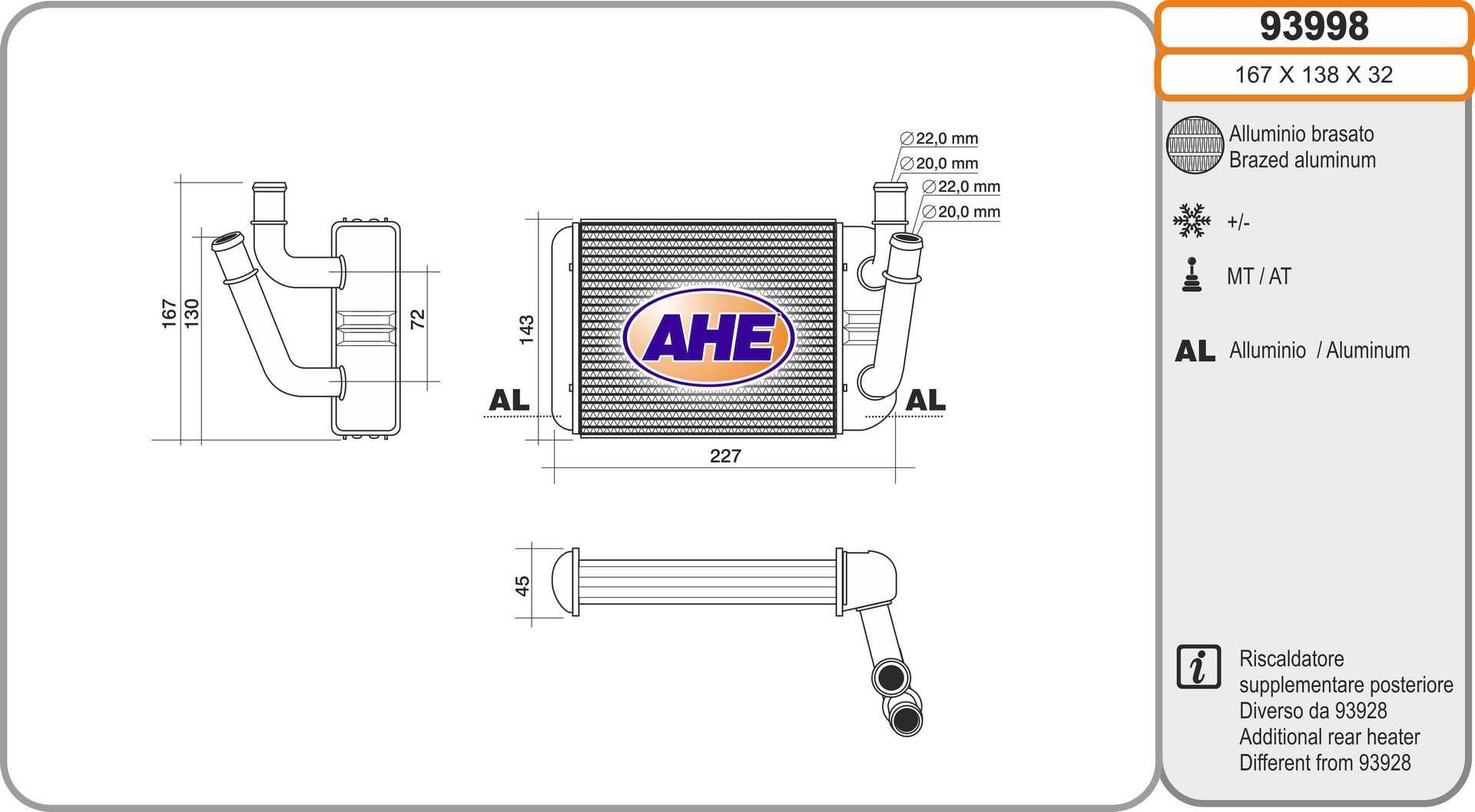 AHE Varmeapparat register 93998 93998 Varmeregister PORSCHE CAYENNE AHE
