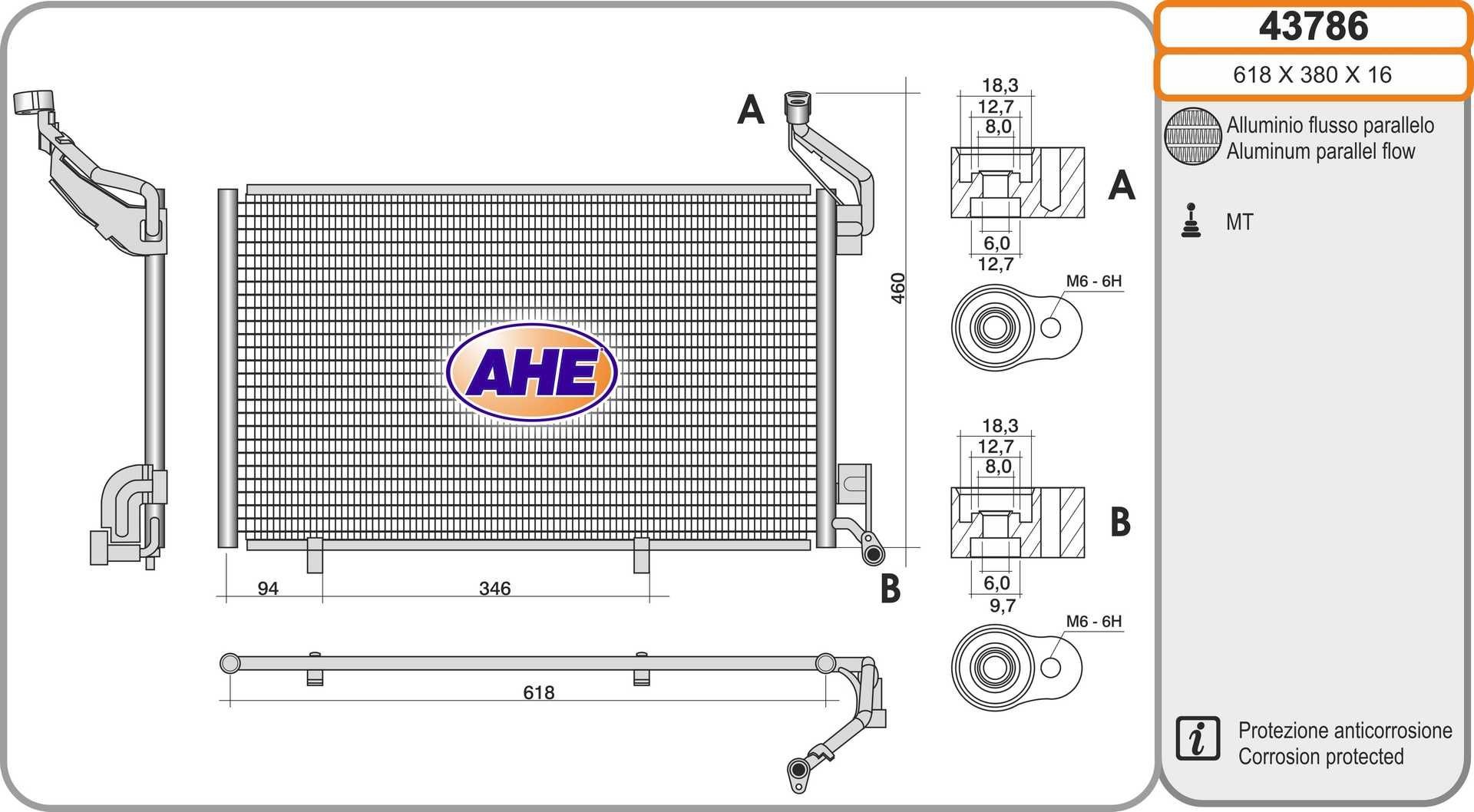 AHE Kondensator, klimaanlegg 43786 Radiator AC AHE Ford FIESTA 43786