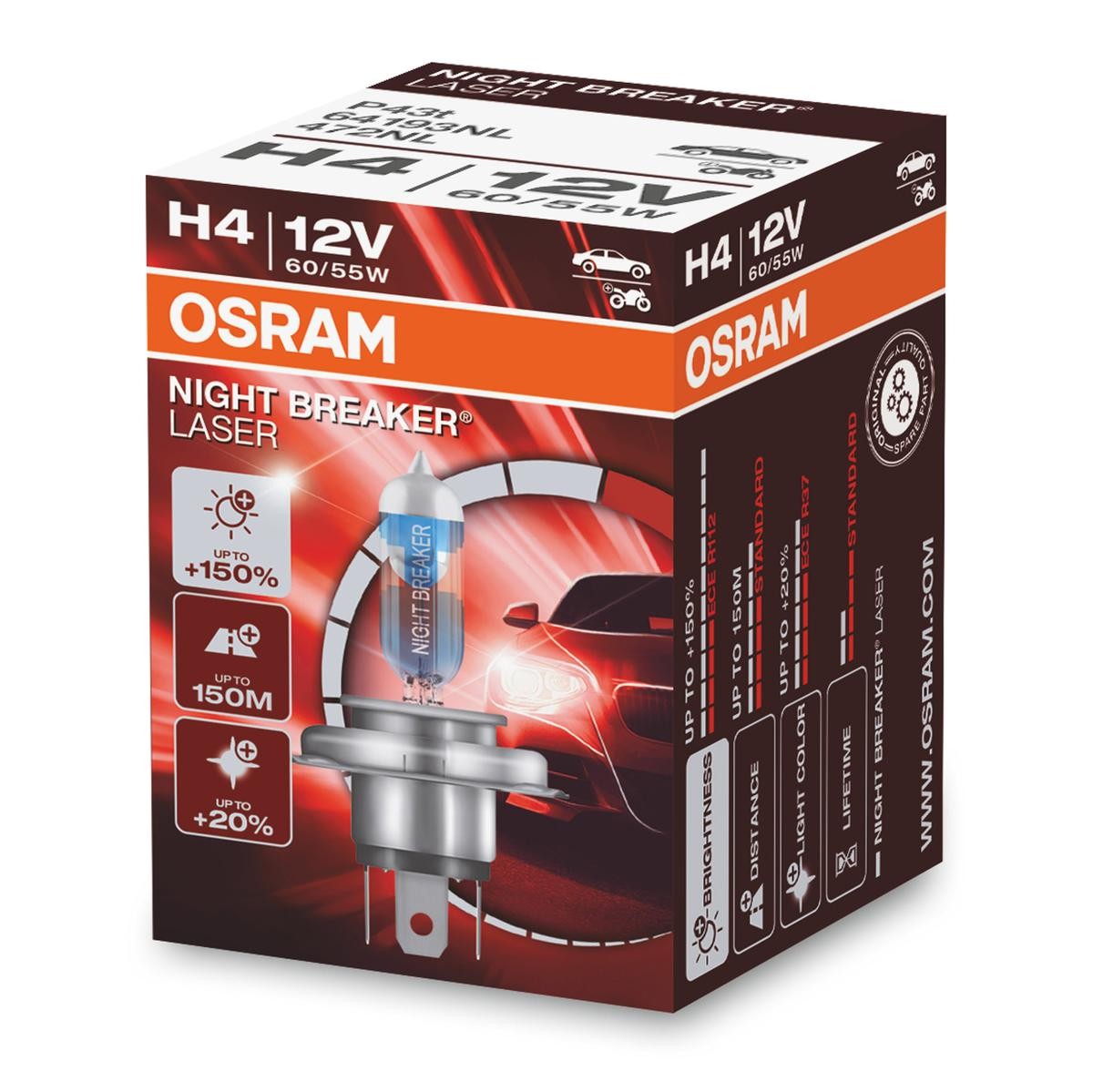 Pære, fjernlys OSRAM 64193NL OSRAM NIGHT BREAKER LASER next Generation 64193NL: Forlygte pære Nissan ALMERA 1999