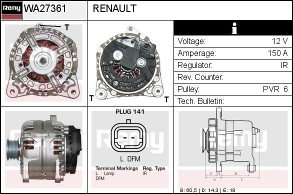 DELCO REMY Dynamo / Alternator RAA27361 RAA27361 Dynamo RENAULT 19 DELCO REMY