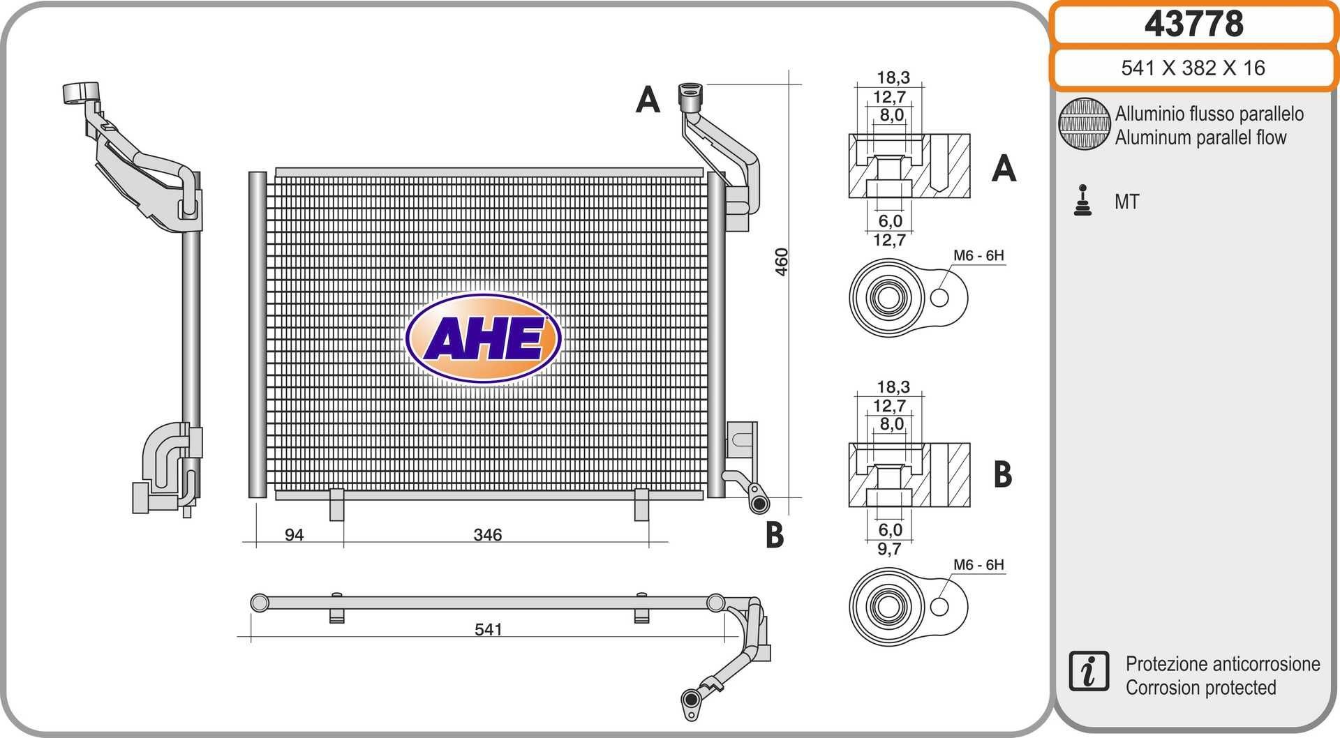 AHE Kondensator, klimaanlegg 43778 Ac kondenser AHE Ford FIESTA 43778