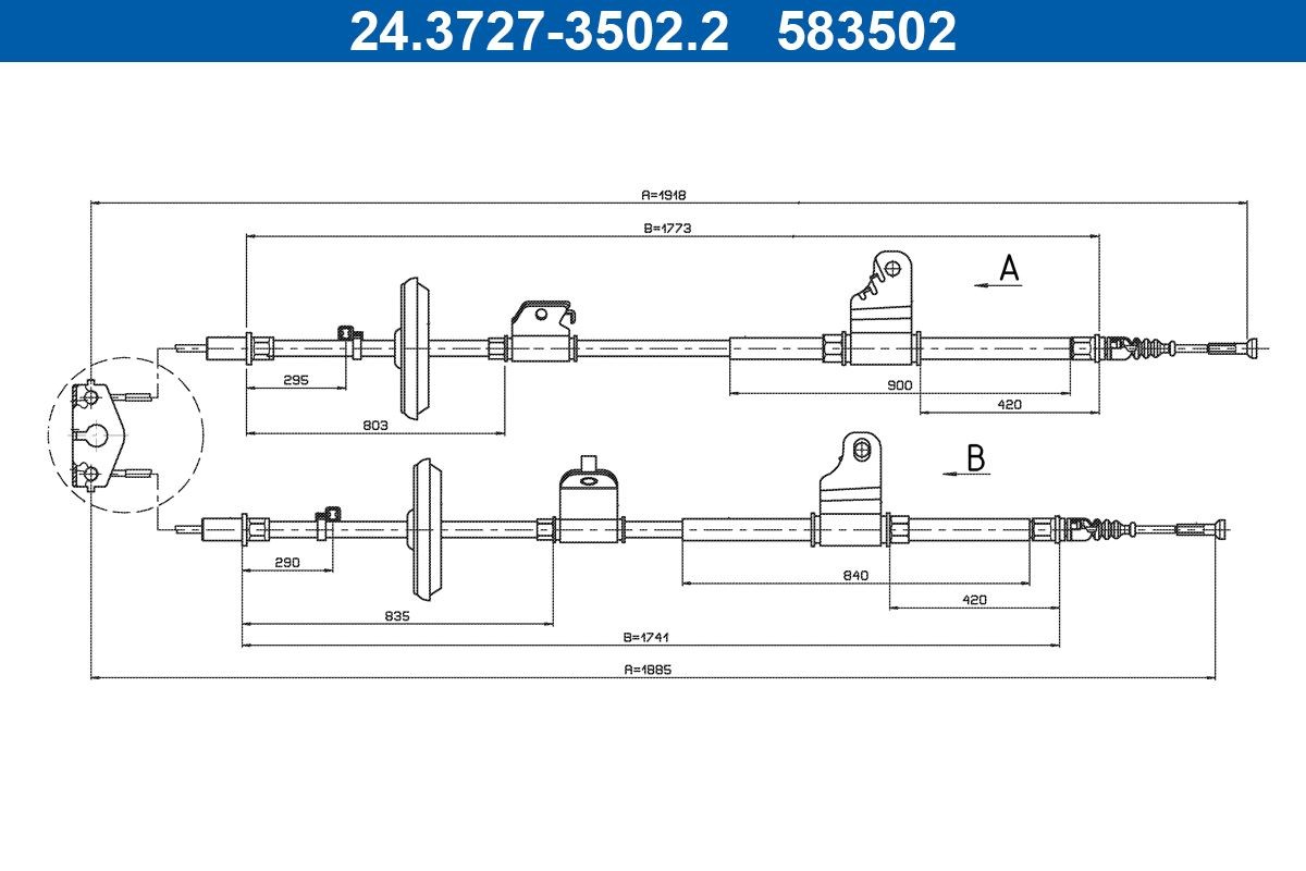 ATE Tautrekk, håndbremse 24.3727-3502.2 24.3727-3502.2 Bremsewire ATE OPEL CORSA