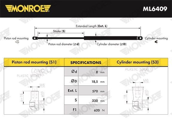 MONROE Gaasivedru, pagasi- / veoruum ML6409 Luugiamordid MONROE Renault TALISMAN ML6409