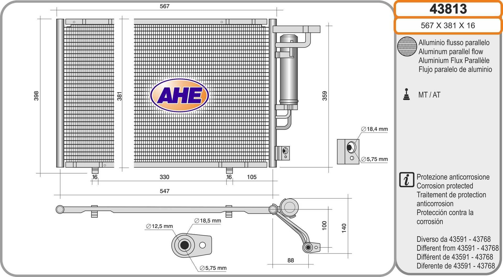 AHE Kondensor, klimatanläggning 43813 43813 AHE kondensator FORD TOURNEO CONNECT