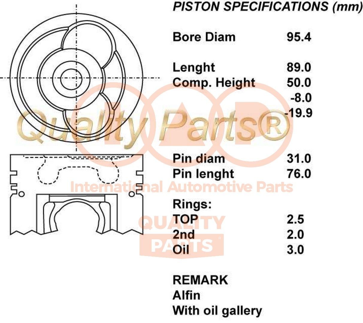 Êmbolo IAP QUALITY PARTS 100-09021 IAP QUALITY PARTS 100-09021 Pistão forjado ISUZU D-MAX 2007