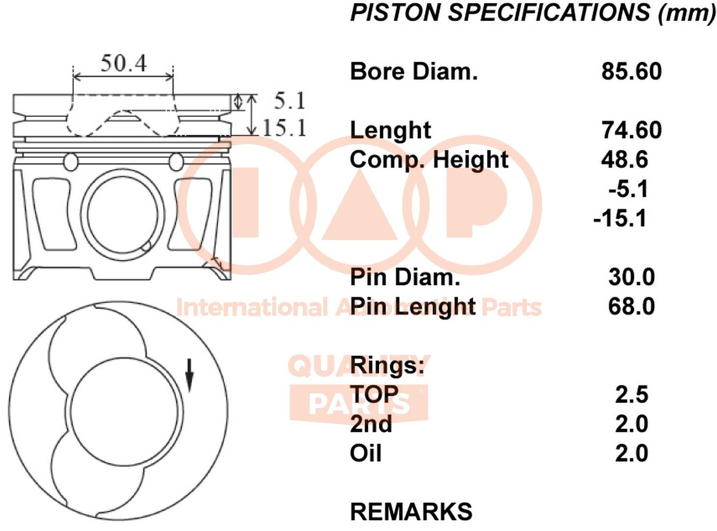 IAP QUALITY PARTS Stempel 100-14075 IAP QUALITY PARTS Motor stempel LAND ROVER 100-14075