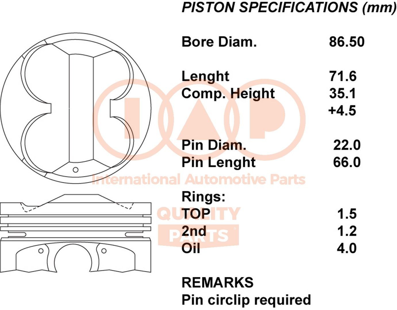 IAP QUALITY PARTS Piston 100-17097 TOYOTA AYGO IAP QUALITY PARTS piston 10017097