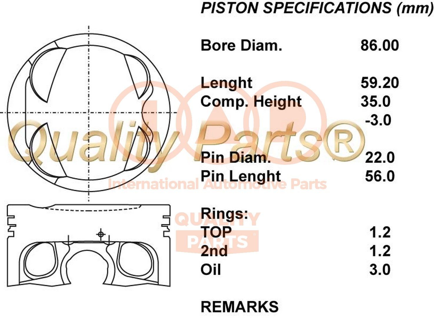 IAP QUALITY PARTS Kolvid 100-17184 100-17184 Kolvid TOYOTA COROLLA IAP QUALITY PARTS