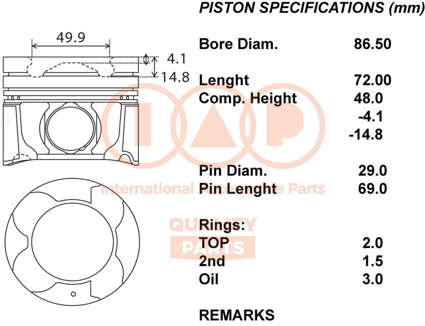 Stempel IAP QUALITY PARTS 100-17205 IAP QUALITY PARTS 100-17205 Motor stempel TOYOTA AVENSIS 2011