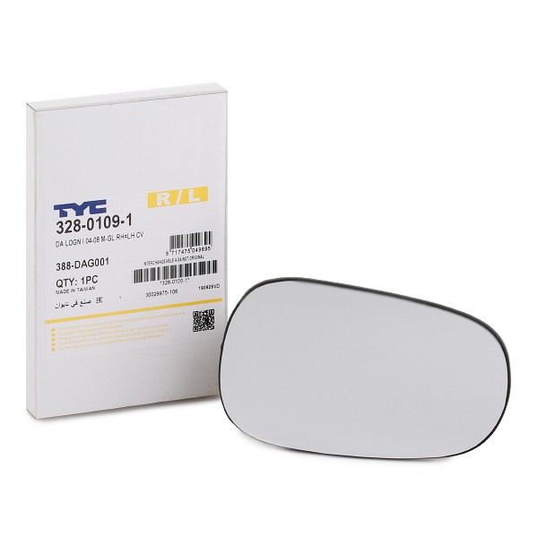Spiegelglas, buitenspiegel TYC 328-0109-1 TYC 328-0109-1 Spiegel, glas RENAULT Symbol 2023