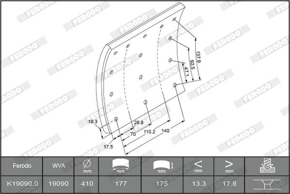 FERODO Piduriklotsi komplekt, trummelpidur K19090.0-F3526 Piduriklotside seisupidur FERODO Volvo C70 PREMIER K19090.0-F3526