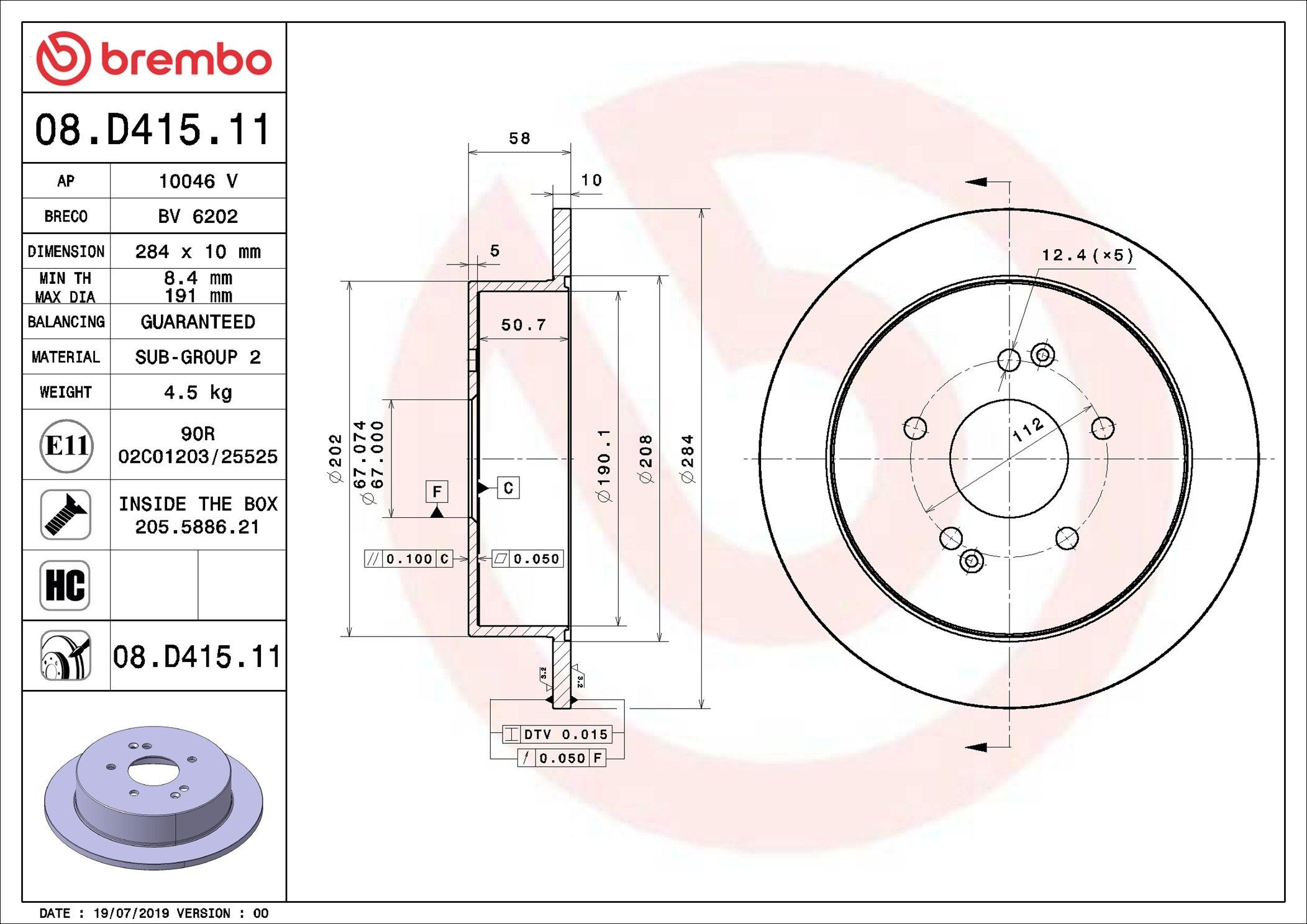 BREMBO Disco de travão 08.D415.11 BREMBO 08.D415.11 Disco de travão SSANGYONG Tivoli SUV 1.6 128 cv 2021