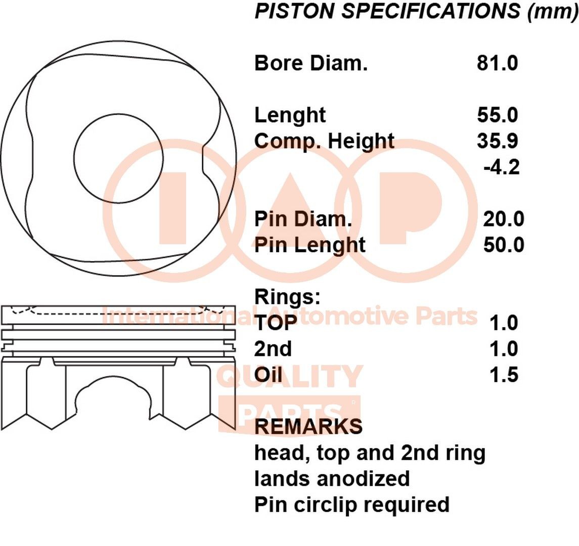 Pistone motore IAP QUALITY PARTS 100-17195 IAP QUALITY PARTS 100-17195 Pistone TOYOTA COROLLA 2010