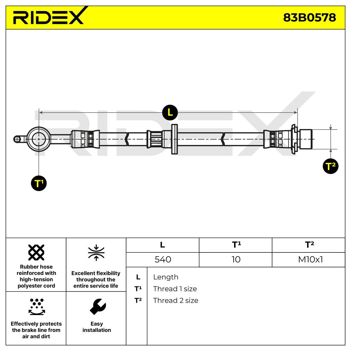 RIDEX Bremseslange 83B0578 Bremseslange RIDEX Toyota PROACE VERSO 83B0578